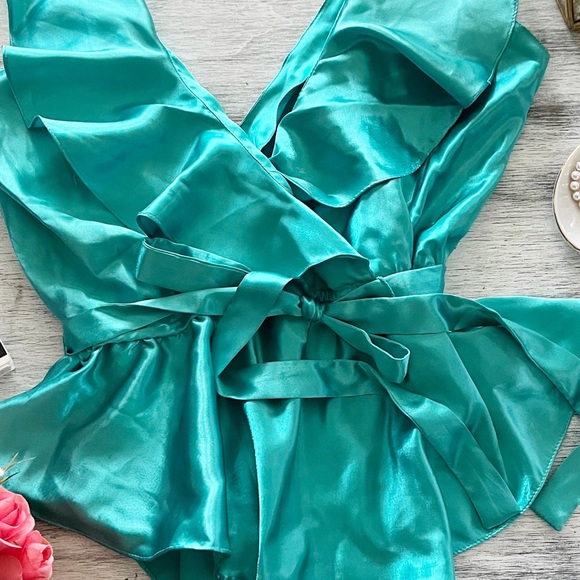 Vintage Victoria's Secret teal satin ruffle cinched waist bodysuit size medium - Picture 11 of 16